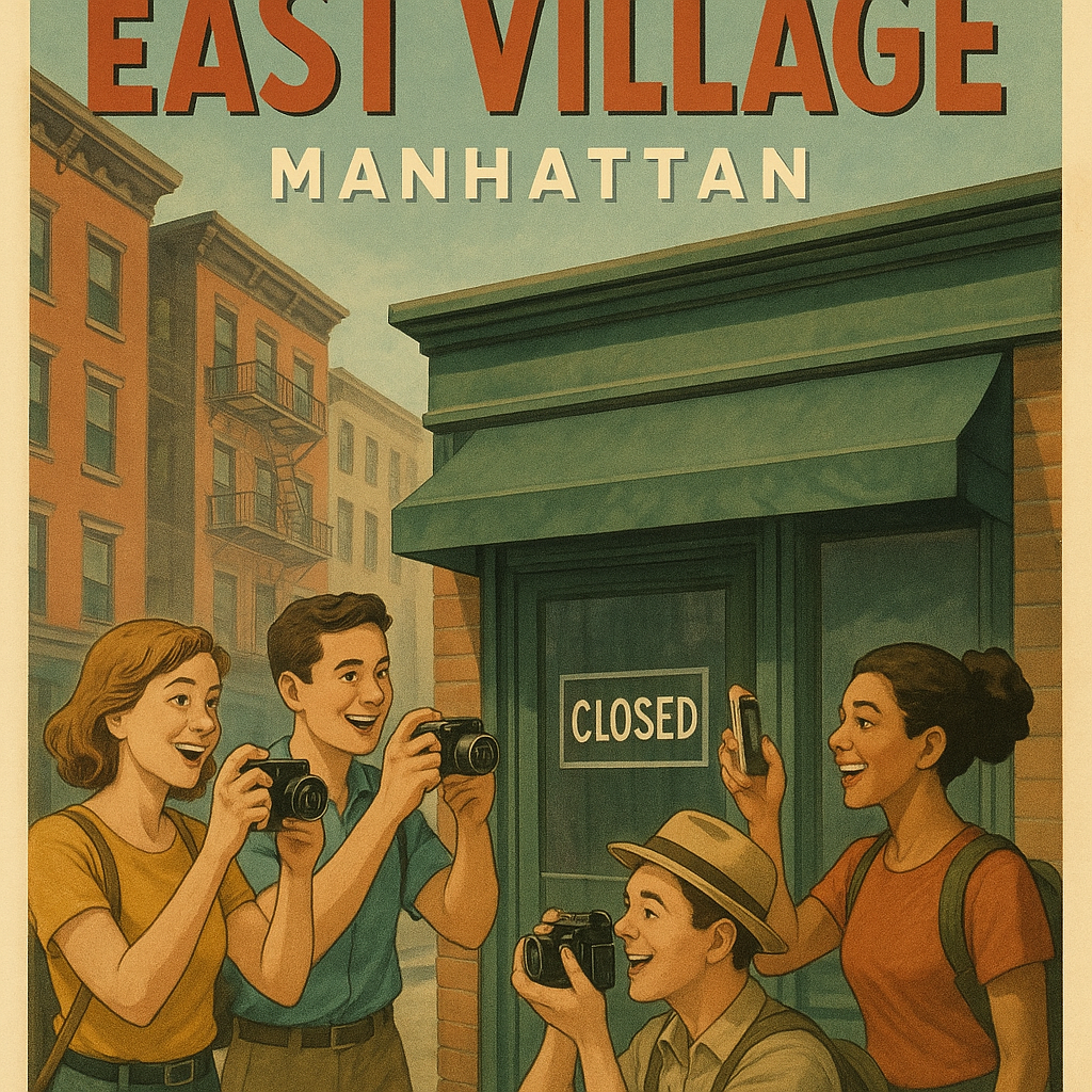 Satirical tourism poster showing tourists photographing a closed East Village business