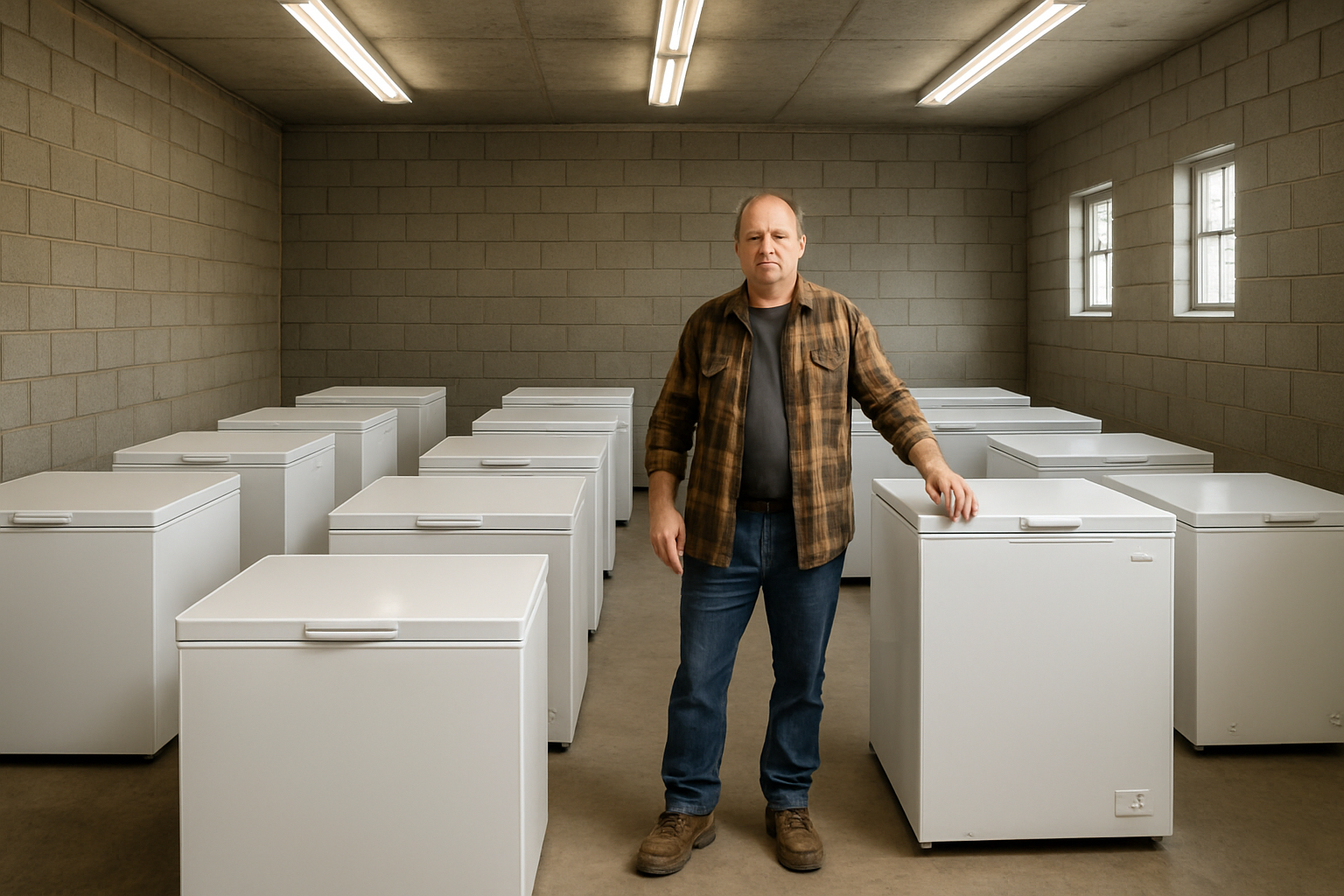 Interior of barn with nine white commercial freezers in rows and a man in work clothes standing between them