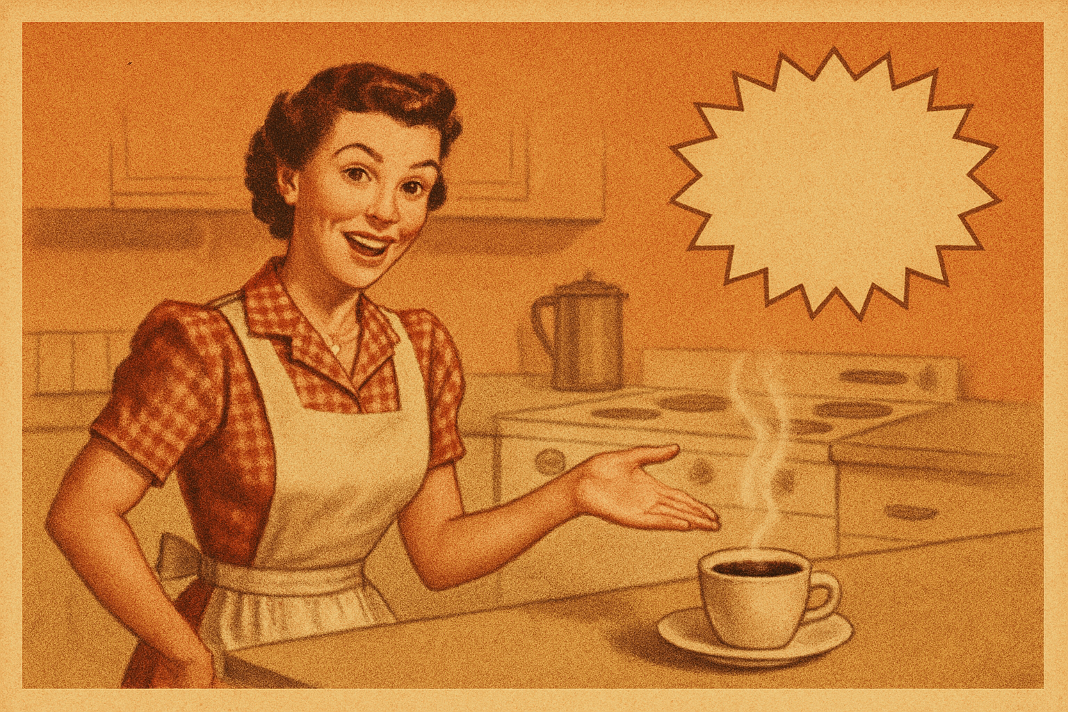 A mock 1950s advertisement showing a cheerful woman presenting a cooling cup of coffee as if it were a new appliance.