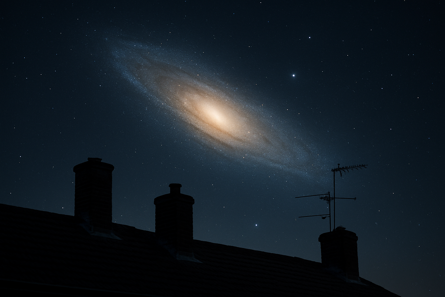 A dark suburban roofline at night with a large, faint spiral galaxy filling a wide patch of sky above it, about six times the width of a full moon.