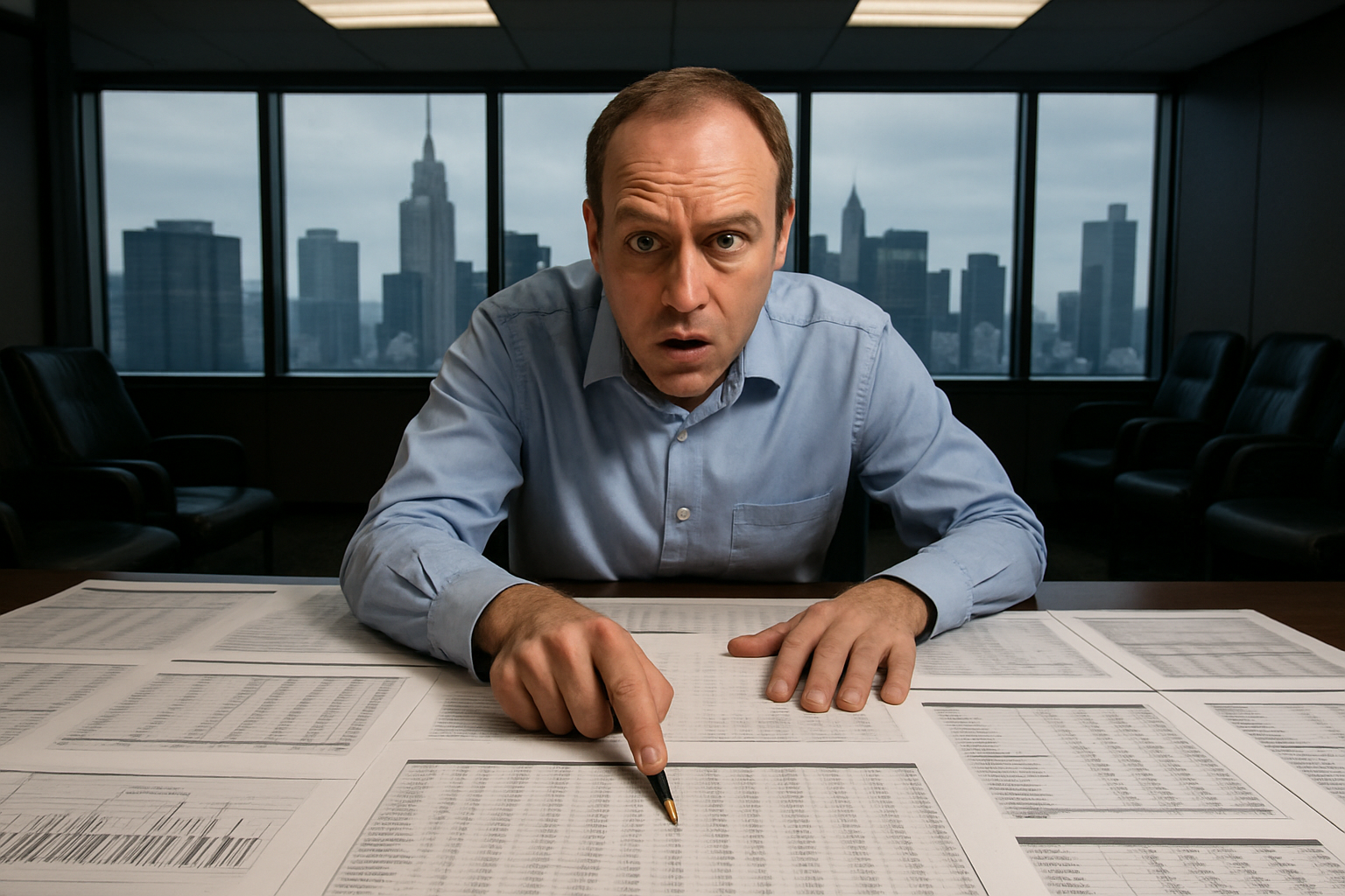 A solitary man in business casual attire points at a spreadsheet during a solo presentation in a large, empty conference room with floor-to-ceiling windows.