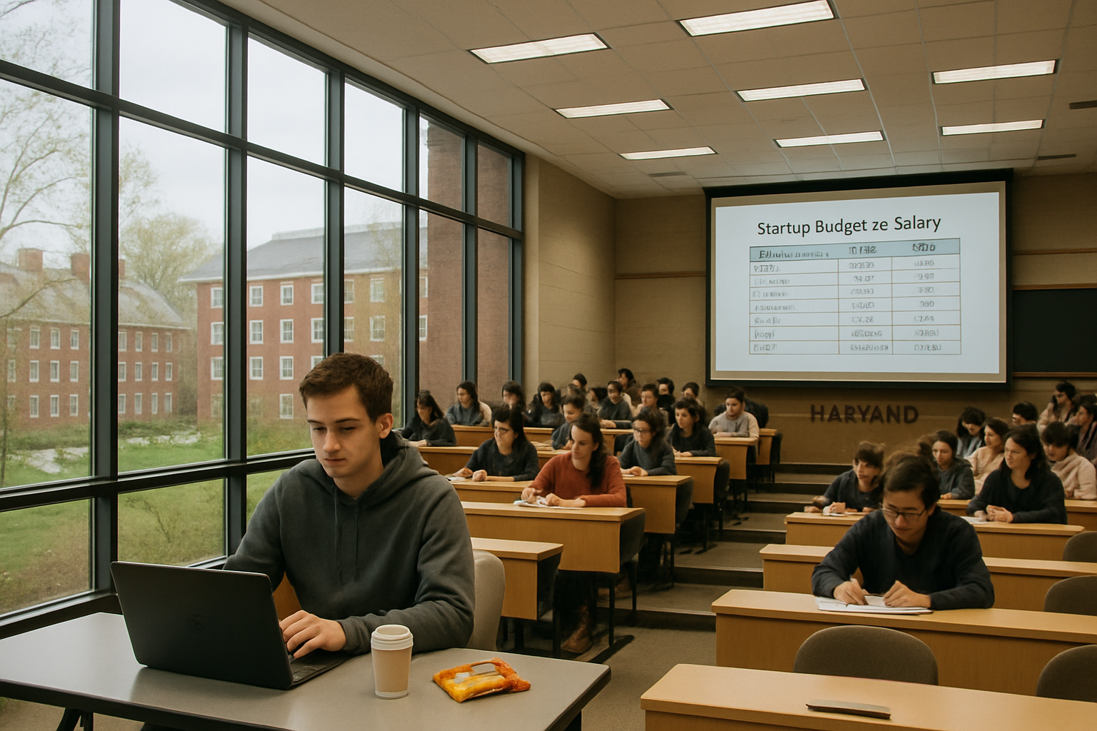 A lecture hall scene with a single founder at a folding table surrounded by ramen packaging and a laptop, with tiered seating of note-taking students behind him.