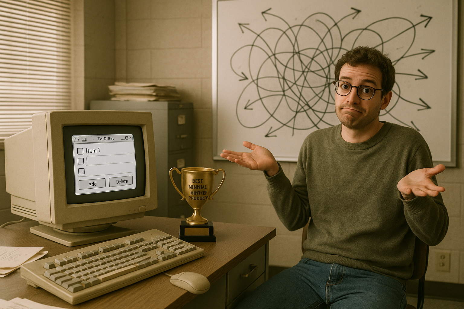 Satirical ad showing prioritization of simple software over perfect-but-late design