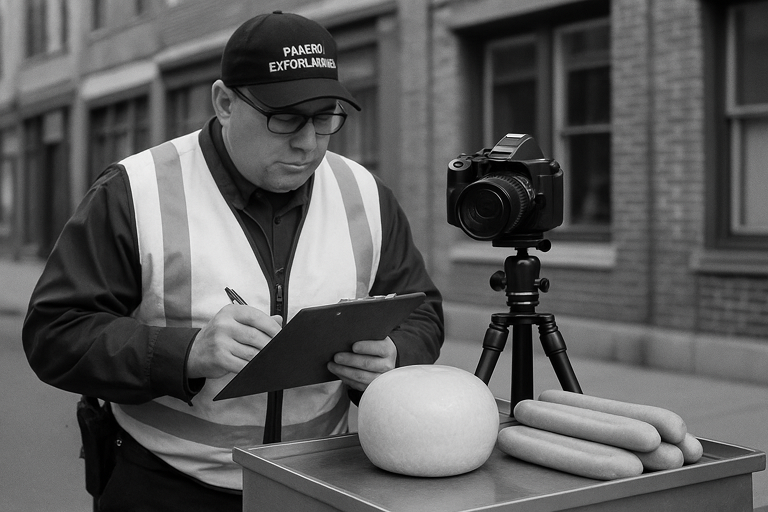An enforcement official in vest photographs a long hot sandwich and provolone at a street cart in daylight